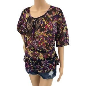 Fire Los Angeles MEDIUM Sheer Black Floral Lace Peasant Top Blouse 1/2 Sleeve